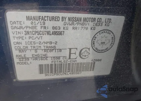 2019 Nissan Kicks S/Sr/Sv from USA, damaged, VIN 3N1CP5CU7KL495567